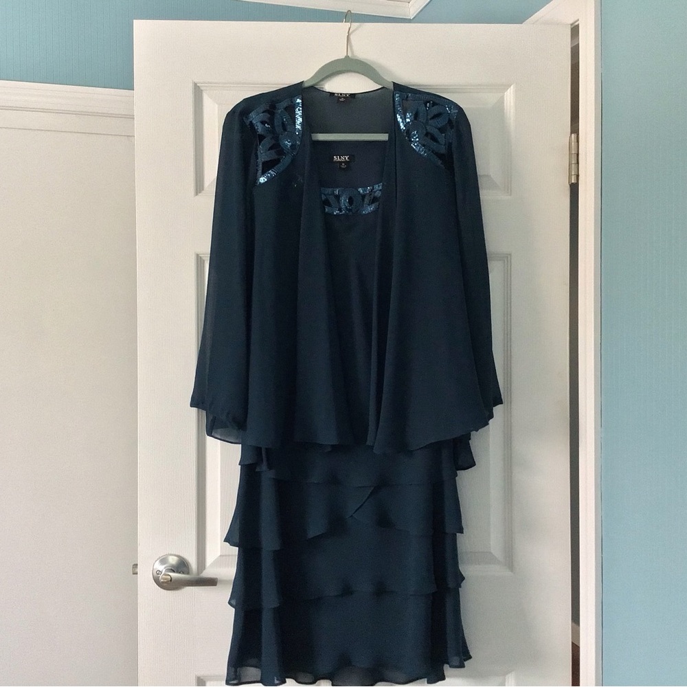 COPY - Teal Blue Knee-Length Ruffled Tiered Gown with Long Flutter Sleeves